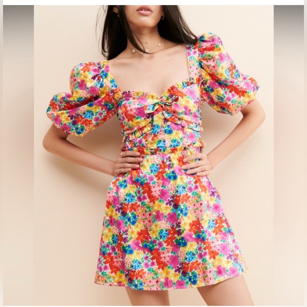 For Love And Lemons Merrill Puff Sleeve Mini Dress in Red in Size XS